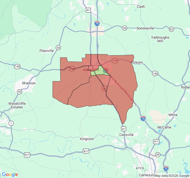 Map of septic coverage in Adairsville, GA