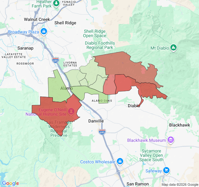 Map of septic coverage in Alamo, CA