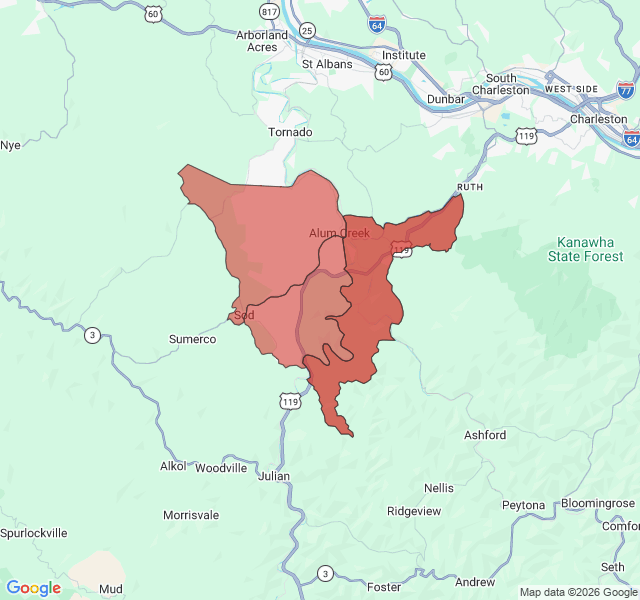 Map of septic coverage in Alum Creek, WV