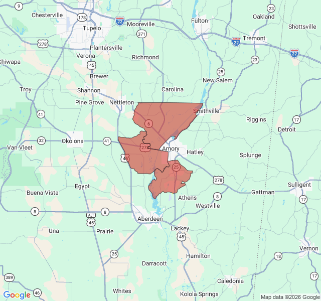 Map of septic coverage in Amory, MS