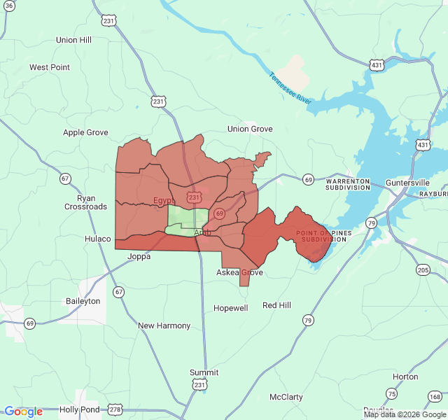 Map of septic coverage in Arab, AL