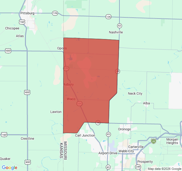 Map of septic coverage in Asbury, MO