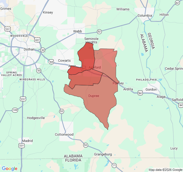 Map of septic coverage in Ashford, AL