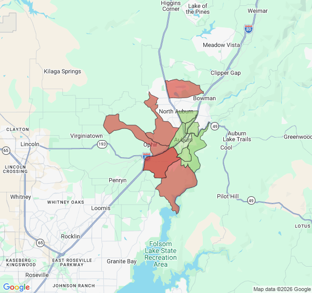 Map of septic coverage in Auburn, CA