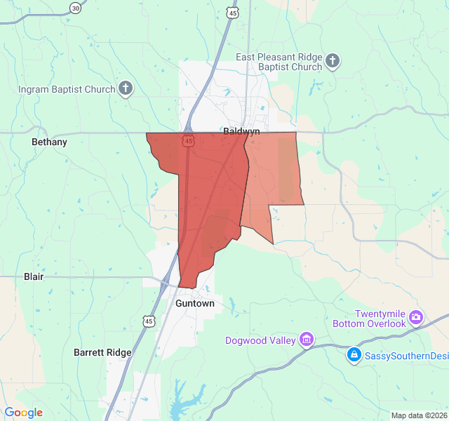 Map of septic coverage in Baldwyn, MS