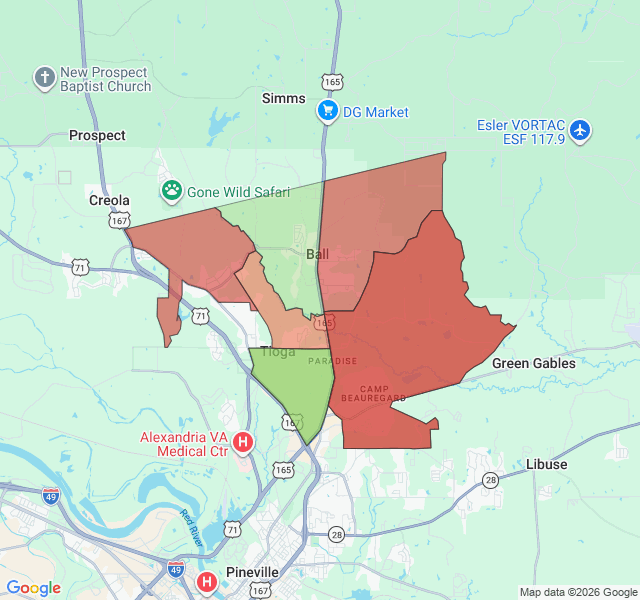 Map of septic coverage in Ball, LA