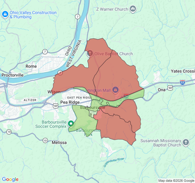 Map of septic coverage in Barboursville, WV