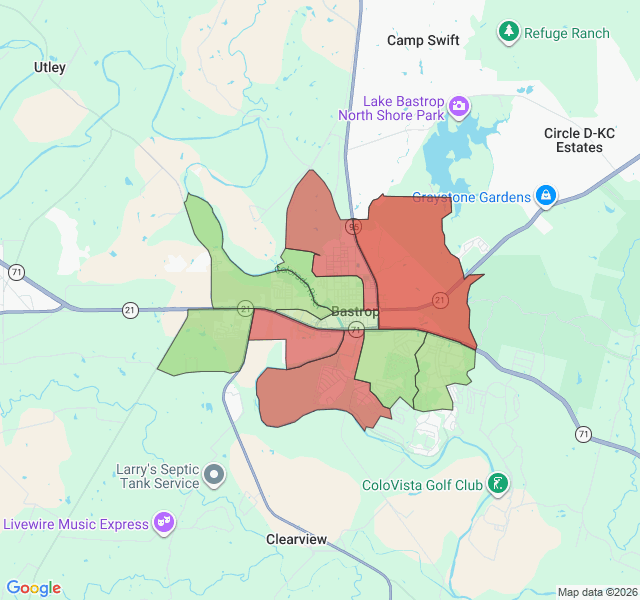 Map of septic coverage in Bastrop, TX