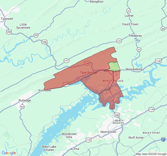 Map of septic coverage in Bean Station, TN