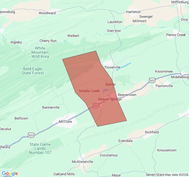 Map of septic coverage in Beaver Springs, PA