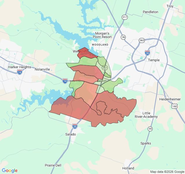 Map of septic coverage in Belton, TX
