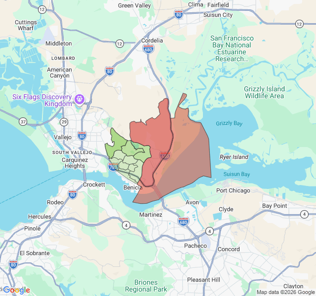 Map of septic coverage in Benicia, CA