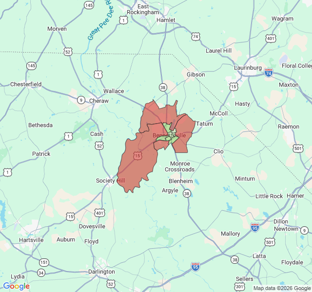 Map of septic coverage in Bennettsville, SC