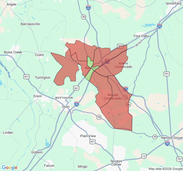 Map of septic coverage in Benson, NC