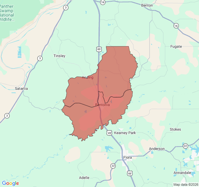 Map of septic coverage in Bentonia, MS