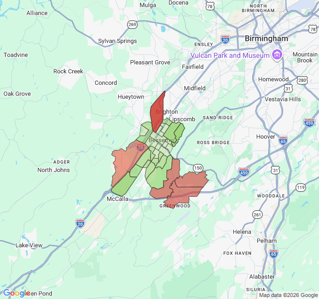 Map of septic coverage in Bessemer, AL