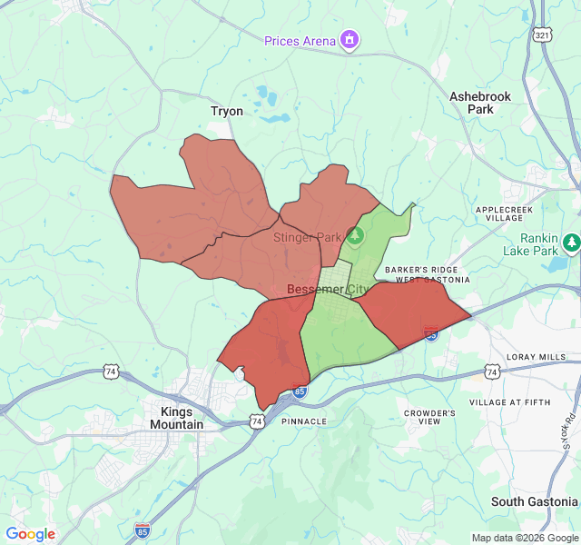 Map of septic coverage in Bessemer City, NC
