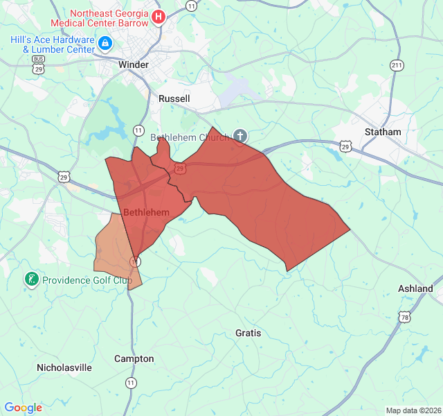 Map of septic coverage in Bethlehem, GA