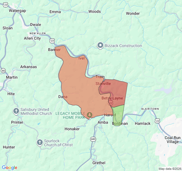 Map of septic coverage in Betsy Layne, KY