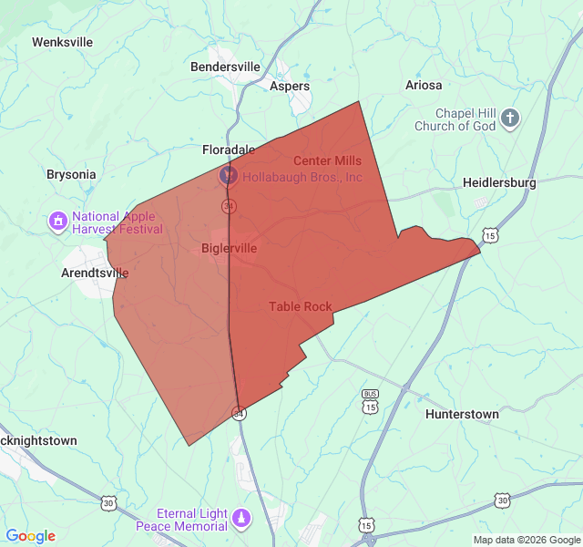 Map of septic coverage in Biglerville, PA