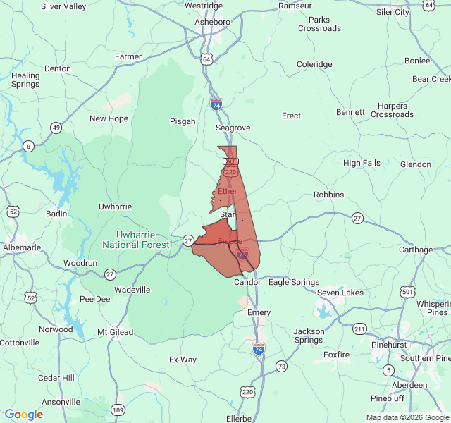 Map of septic coverage in Biscoe, NC