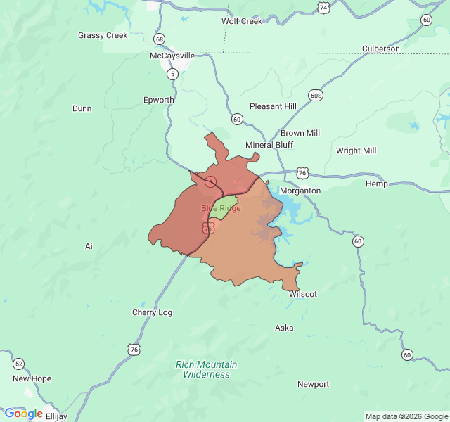 Map of septic coverage in Blue Ridge, GA