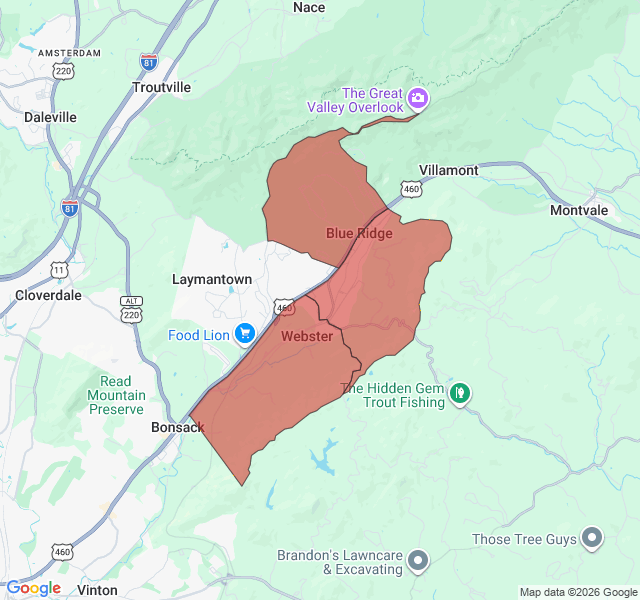 Map of septic coverage in Blue Ridge, VA