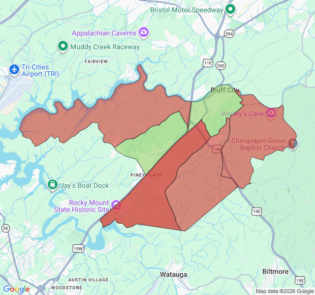 Map of septic coverage in Bluff City, TN