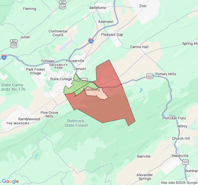 Map of septic coverage in Boalsburg, PA