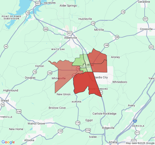 Map of septic coverage in Boaz, AL
