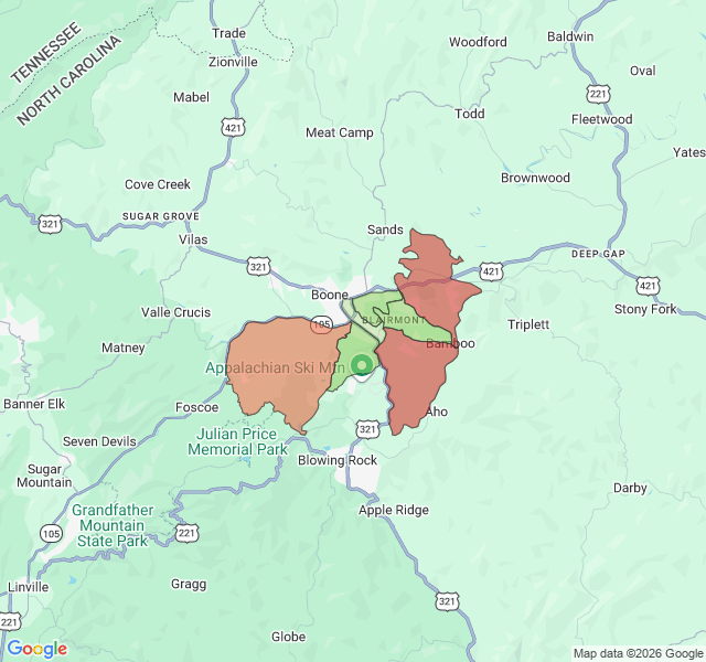Map of septic coverage in Boone, NC