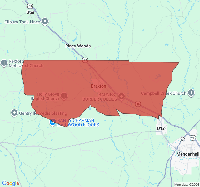 Map of septic coverage in Braxton, MS
