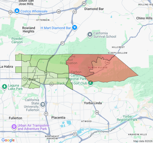 Map of septic coverage in Brea, CA