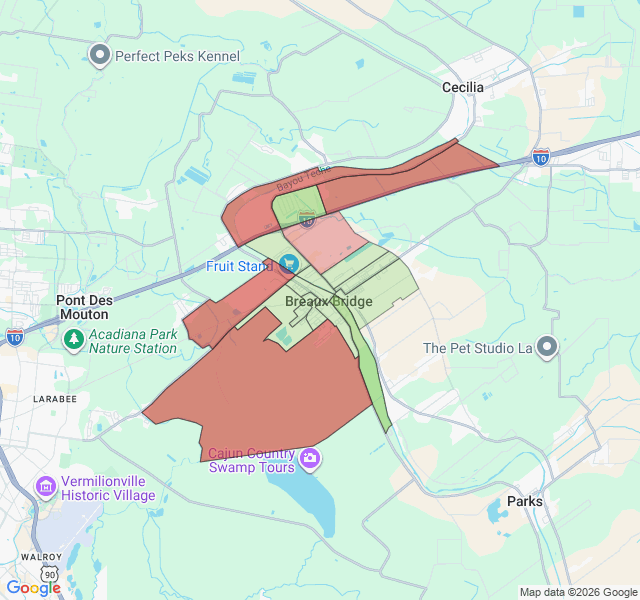 Map of septic coverage in Breaux Bridge, LA