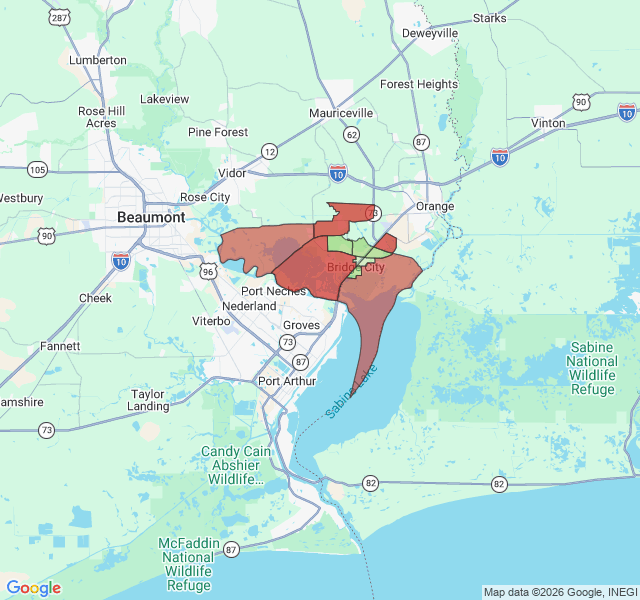 Map of septic coverage in Bridge City, TX