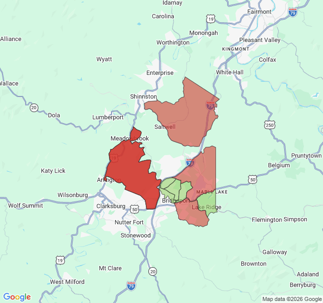Map of septic coverage in Bridgeport, WV