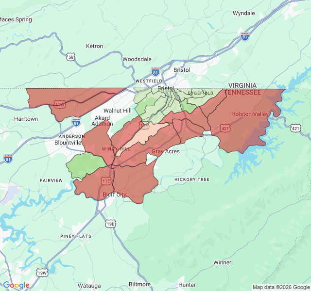 Map of septic coverage in Bristol, TN