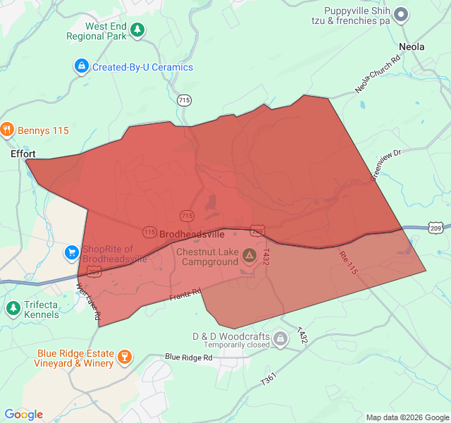 Map of septic coverage in Brodheadsville, PA