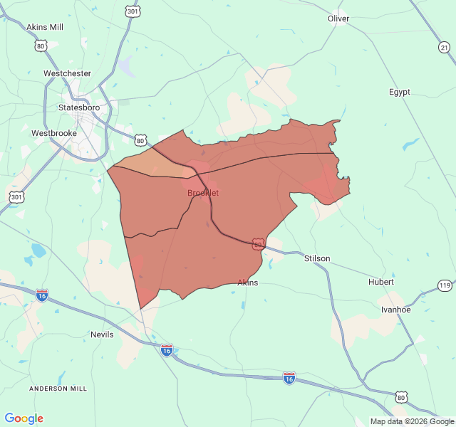 Map of septic coverage in Brooklet, GA