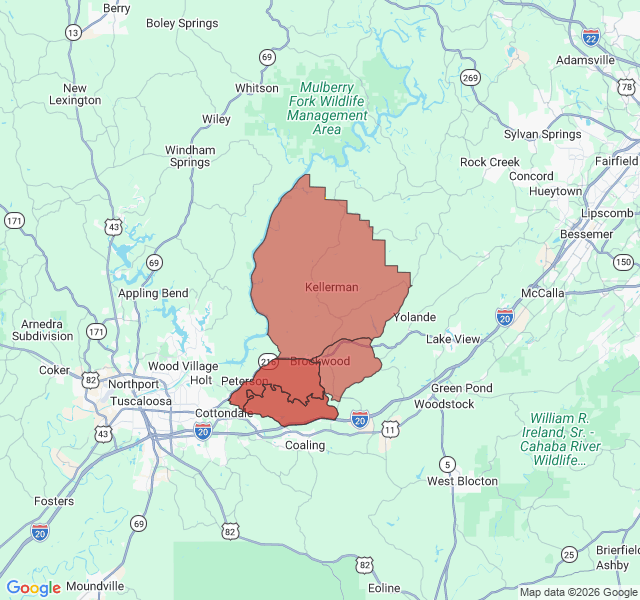 Map of septic coverage in Brookwood, AL