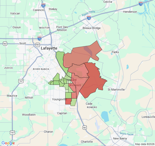 Map of septic coverage in Broussard, LA