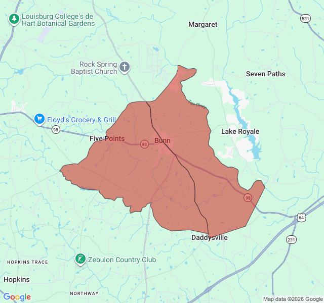 Map of septic coverage in Bunn, NC