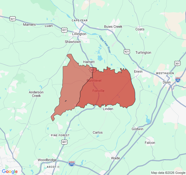 Map of septic coverage in Bunnlevel, NC