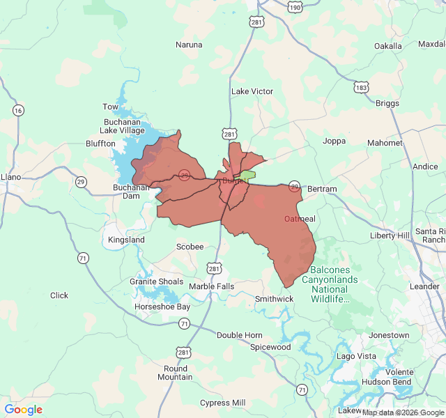 Map of septic coverage in Burnet, TX