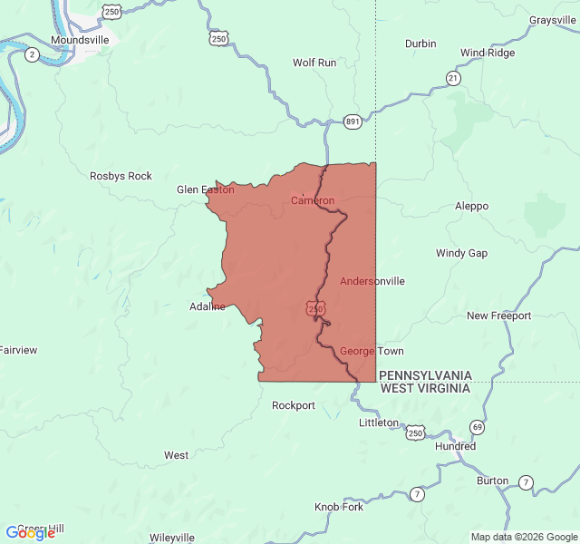 Map of septic coverage in Cameron, WV
