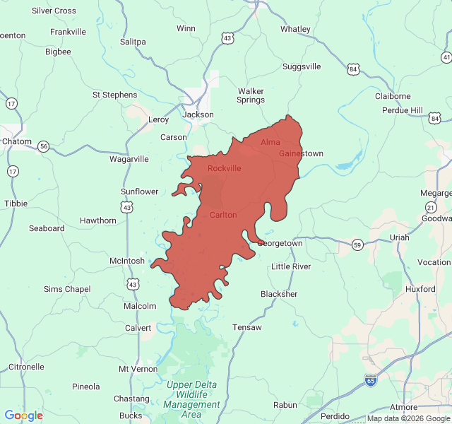 Map of septic coverage in Carlton, AL