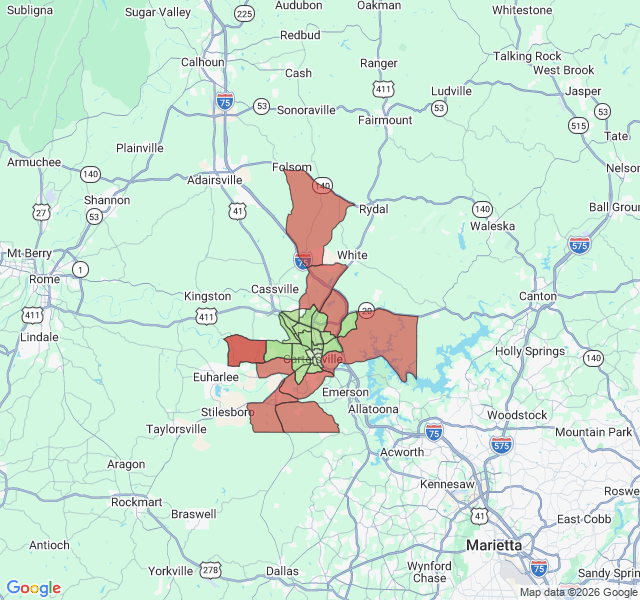 Map of septic coverage in Cartersville, GA