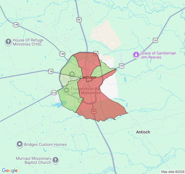 Map of septic coverage in Carthage, TX