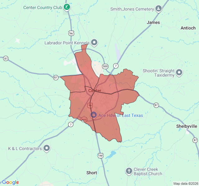 Map of septic coverage in Center, TX