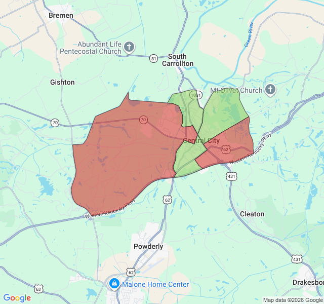 Map of septic coverage in Central City, KY